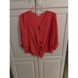 Studio Petite JPR Coral Pink Tie Front Button Up Blouse‎ 3/4 Sleeve PS